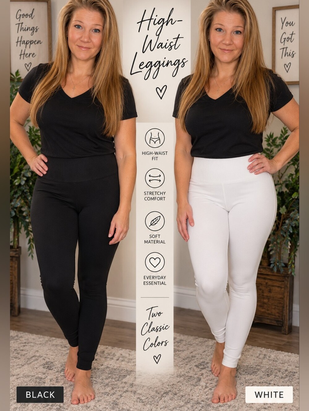 Black and White High-Waist Leggings - Stretchy Ribbed Waistband